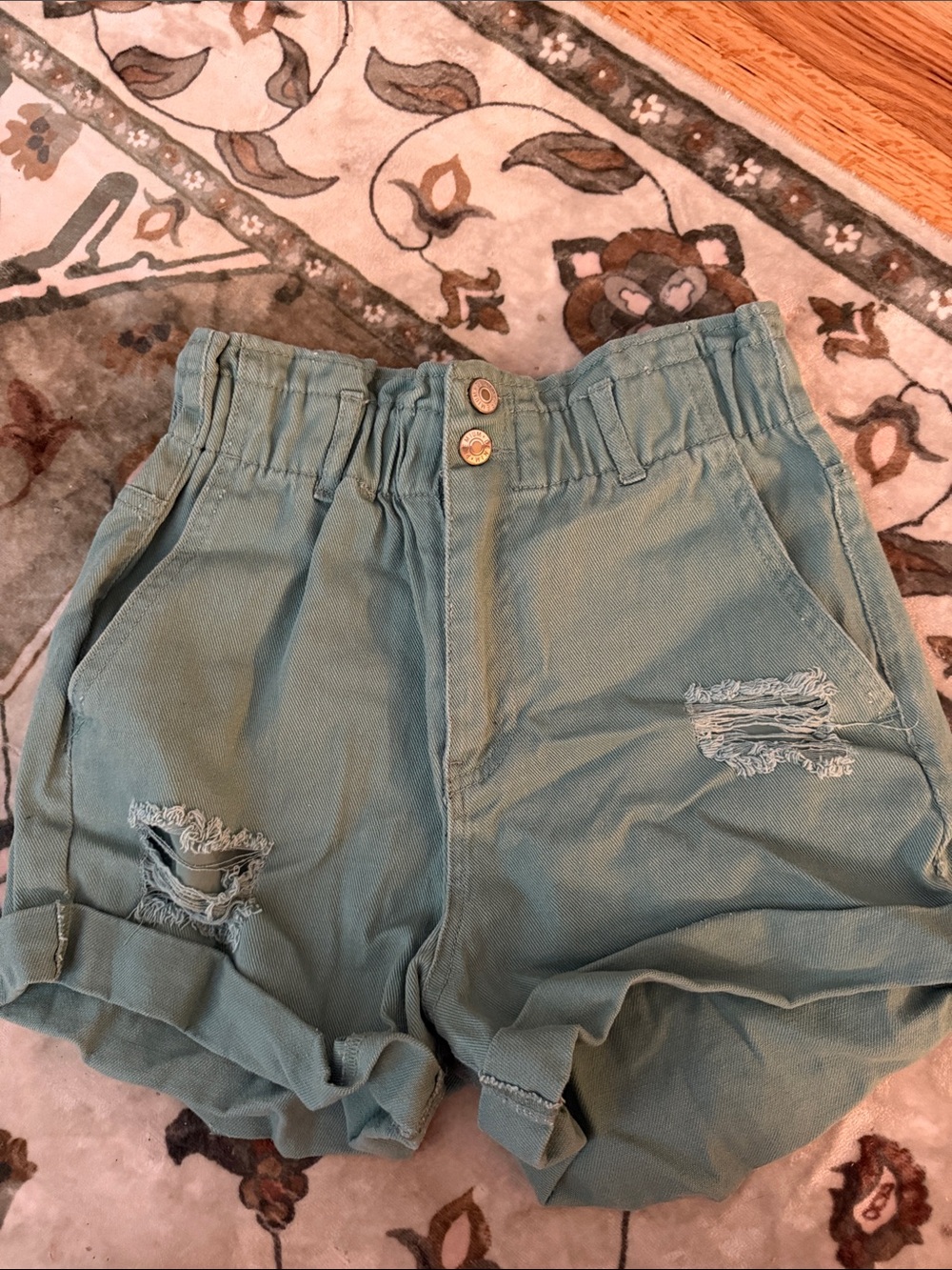 Love Tree Sage Green Paperbag Waist Distressed Jean Shorts